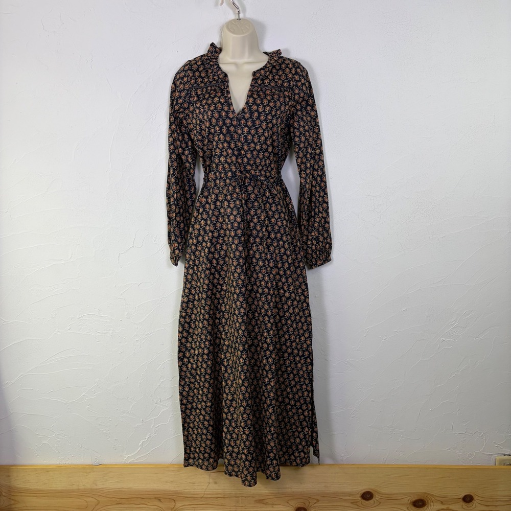 ABLE Maxi Dress Women XXS Navy Block Print Cotton Long Sleeve Boho Cottage Indie